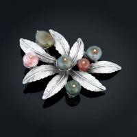 Zinc Alloy Brocher, med Blandet Agate, Leaf, antik sølv farve forgyldt, for kvinde, bly & cadmium fri, 50x70mm, Solgt af PC