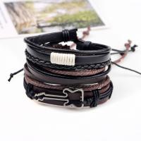 Cowhide Bracelet Socraigh, le Waxed Níolón Corda & PU & Sinc Alloy, dath airgid plated, bracelet braided & inchoigeartaithe & do fear, nicil, luaidhe & caidmiam saor in aisce, 60mm, Fad Thart 7.6 Inse, 3Snáitheanna/Socraigh, Díolta De réir Socraigh