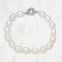 Sötvatten odlade Pearl Bracelet, Freshwater Pearl, med Mässing, Ris, platina pläterad, för kvinna, vit, 8-9mm, Såld Per Ca 7.5 inch Strand