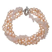 Freshwater Kulturperler Pearl Bracelet, Ferskvandsperle, med Rose Quartz, platin farve forgyldt, for kvinde & 4-streng, lyserød, 6-7mm, Solgt Per Ca. 7.5 inch Strand