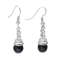 Boucles d'oreilles en perles d'eau douce, perle d'eau douce cultivée, avec alliage de zinc, riz, Placage de couleur platine, pour femme & avec strass, noire, 19x37mm, Vendu par paire