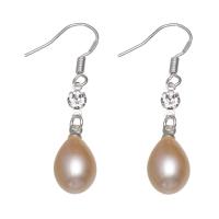 Pendientes de Perlas de Freshwater, Perlas cultivadas de agua dulce, con metal, Arroz, chapado en color de platina, para mujer & con diamantes de imitación, Rosado, 8-9mmuff0c38mm, Vendido por Par