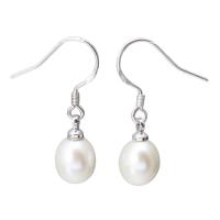 Freshwater Pearl Örhängen, med Mässing, Ris, platina pläterad, för kvinna, vit, 8-9mm, Säljs av Par