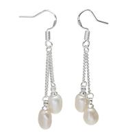 Boucles d'oreilles en perles d'eau douce, perle d'eau douce cultivée, avec laiton, riz, Placage de couleur platine, pour femme, blanc, 6-7mm,45mm, Vendu par paire