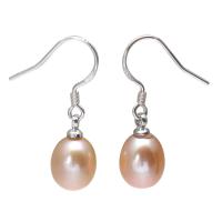 Freshwater Pearl Örhängen, med Mässing, Ris, platina pläterad, för kvinna, purpur, 8-9mm, Säljs av Par