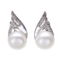 Boucles d'oreilles en perles d'eau douce, perle d'eau douce cultivée, avec laiton, forme d'aile, Placage de couleur platine, pour femme & avec strass, blanc, 7-8mmuff0c8x14x10mm, Vendu par paire