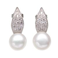 Boucles d'oreilles en perles d'eau douce, perle d'eau douce cultivée, avec laiton, bouton, Placage de couleur platine, pour femme & avec strass, blanc, 7-8mmuff0c8x24mm, Vendu par paire