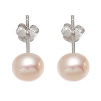 Freshwater Pearl Örhängen, med Mässing, Knapp, platina pläterad, för kvinna, rosa, 6-7mm, Säljs av Par