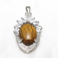 Tiger Eye Pendler, Freshwater Shell, med Tiger Eye & Messing, Oval, platin farve forgyldt, for kvinde & med cubic zirconia, 25x39x12mm, Solgt af PC