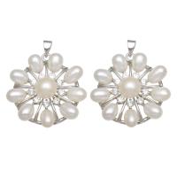 Colgantes de Perlas Freshwater, Perlas cultivadas de agua dulce, con metal, Flor, chapado en color de platina, para mujer & con diamantes de imitación, Blanco, 31x34x9mm, Vendido por UD