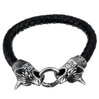 Los hombres de la pulsera y del brazalete, acero inoxidable, con cable de piel de vaca, Dragón, pulsera trenzada & para hombre & ennegrezca, 27x18mm, 8.5mm, Vendido para aproximado 9 Inch Sarta