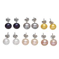 Freshwater Pearl Örhängen, Mässing, med ytterkartong & Freshwater Pearl, platina pläterad, blandade färger, nickel, bly och kadmium gratis, 8-9mm, 6Pairs/Box, Säljs av Box