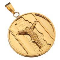 Roestvrij staal Cross Hangers, Rond plat, gold plated, met brief patroon, 35x40x4.50mm, Gat:Ca 5.5x9mm, Verkocht door PC