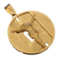 Roestvrij staal Cross Hangers, Rond plat, gold plated, met brief patroon, 35x40x4.50mm, Gat:Ca 5.5x9mm, Verkocht door PC