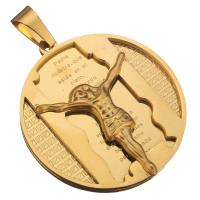 Roestvrij staal Cross Hangers, Rond plat, gold plated, met brief patroon, 35x40x4.50mm, Gat:Ca 5.5x9mm, Verkocht door PC