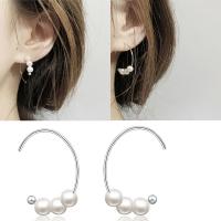 Messing Hoop Earring, med Plastic Pearl, platineret, for kvinde, nikkel, bly & cadmium fri, 25mm, 6mm, Solgt af par