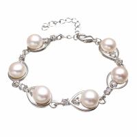 Sötvatten odlade Pearl Bracelet, Freshwater Pearl, med Zink Alloy, platina pläterad, för kvinna & med strass, vit, 10-11mmuff0c12x30mm, Såld Per Ca 6 inch Strand