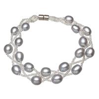 Pulseras de Perlas Freshwater, Perlas cultivadas de agua dulce, con Rocallas de vidrio, Arroz, para mujer, gris, 7-8mm, Vendido para aproximado 7.5 Inch Sarta