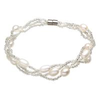 Pulseras de Perlas Freshwater, Perlas cultivadas de agua dulce, con Rocallas de vidrio, Arroz, para mujer, Blanco, 6-7mm, Vendido para aproximado 7 Inch Sarta