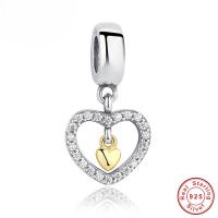 925 Sterling Sølv European vedhæng, Heart, ordet mor, forgyldt, Micro Pave cubic zirconia & for kvinde & uden trold & to tone, 12x23mm, Hole:Ca. 4.5-5mm, Solgt af PC