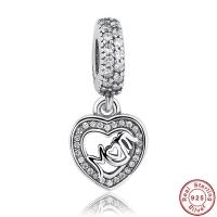 925 Sterling Sølv European vedhæng, Heart, ordet mor, Micro Pave cubic zirconia & for kvinde & uden trold, 10x22mm, Hole:Ca. 4.5-5mm, Solgt af PC