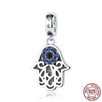 Ταϊλάνδη Sterling Silver European μενταγιόν, Hamsa, το κακό μάτι μοτίβο & μικρο ανοίξει κυβικά ζιρκονία & για τη γυναίκα & χωρίς troll, 14x25mm, Τρύπα:Περίπου 4.5-5mm, Sold Με PC