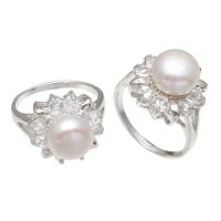 Freshwater Pearl fingerring, Messing, med Ferskvandsperle, platin farve forgyldt, for kvinde & med rhinestone, hvid, nikkel, bly & cadmium fri, 9-10mm, Størrelse:8, Solgt af PC