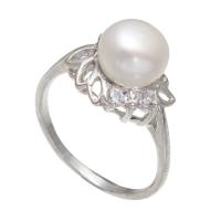 Pearl Fionnuisce Finger Ring, Prás, le Pearl Fionnuisce, dath platanam plátáilte, do bhean & le rhinestone, bán, nicil, luaidhe & caidmiam saor in aisce, 8-9mm, Méid:6.5, Díolta De réir PC