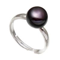 metal Anillo de dedo abierto, con Perlas cultivadas de agua dulce, chapado en color de platina, para mujer, Negro, libre de níquel, plomo & cadmio, 10-11mm, tamaño:8-10, Vendido por UD