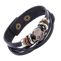 Unisex armbånd, Læder, med Træ & Zinc Alloy, Skull, justerbar & multi-streng, 215x18mm, Solgt Per Ca. 8.5 inch Strand