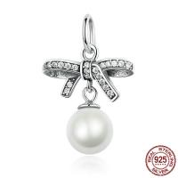 Ταϊλάνδη Sterling Silver European μενταγιόν, με Shell Pearl, Bowknot, μικρο ανοίξει κυβικά ζιρκονία & χωρίς troll, 17x25mm, Τρύπα:Περίπου 4.5-5mm, Sold Με PC