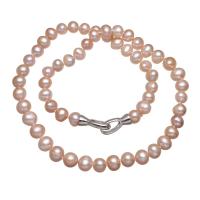 Natural Gekweekte Zoetwater Parel Sieraden Sets, met Zinc Alloy, Aardappel, voor vrouw, roze, 7-8mm, Per verkocht Ca 17 inch Strand