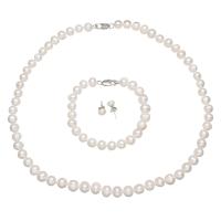 Natural Gekweekte Zoetwater Parel Sieraden Sets, armband & oorbel & halsketting, roestvrij staal oorbel bericht, met 5cm extender keten, Aardappel, voor vrouw, wit, 7-8mm, Lengte Ca 17.5 inch, Ca 7.5 inch, Verkocht door Stel