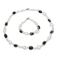 Natural Gekweekte Zoetwater Parel Sieraden Sets, armband & halsketting, met Glas rocailles & Zinc Alloy, roestvrij staal oorbel bericht, met 5cm extender keten, voor vrouw, 7-8mm, Lengte Ca 17 inch, Ca 7.5 inch, Verkocht door Stel