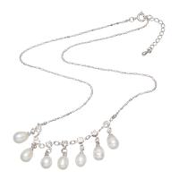 Collier de perles d'eau douce naturelles, perle d'eau douce cultivée, avec alliage de zinc, avec 6.5cm chaînes de rallonge, pour femme & avec strass, blanc, 6-7mm, Vendu par Environ 16.5 pouce brin