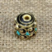 Indonesia Helmet, kanssa Synteettinen Turkoosi & Messinki, Drum, 11x11mm, Reikä:N. 1-2mm, 10PC/laukku, Myymät laukku