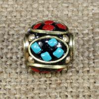 Perles d'Indonésie, Indonésie, avec turquoise synthétique & laiton, Rond, 13x13mm, Trou:Environ 1-2mm, 10PC/sac, Vendu par sac