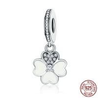 925 Sterling Silver European μενταγιόν, Four Leaf Clover, μικρο ανοίξει κυβικά ζιρκονία & χωρίς troll & σμάλτο, 12x25mm, Τρύπα:Περίπου 4.5-5mm, Sold Με PC