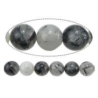 Black Rutilated Quartz Kraal, Ronde, natuurlijk, 8mm, Gat:Ca 0.8mm, Ca 48pC's/Strand, Per verkocht Ca 15.5 inch Strand