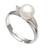 Pearl Fionnuisce Finger Ring, Prás, le Pearl Fionnuisce, dath platanam plátáilte, do bhean & le rhinestone, bán, nicil, luaidhe & caidmiam saor in aisce, 7-8mm, Méid:5.5-8, Díolta De réir PC