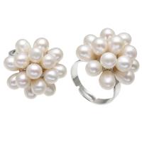 Freshwater Pearl fingerring, Messing, med Ferskvandsperle, Flower, platin farve forgyldt, for kvinde, hvid, nikkel, bly & cadmium fri, 5-6mmuff0c24x22mm, Størrelse:8, Solgt af PC