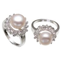 Freshwater Pearl fingerring, Messing, med Ferskvandsperle, Flower, platin farve forgyldt, for kvinde & med rhinestone, hvid, nikkel, bly & cadmium fri, 9-10mm, Størrelse:8, Solgt af PC