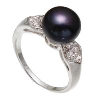 Pearl Fionnuisce Finger Ring, Prás, le Pearl Fionnuisce, dath platanam plátáilte, do bhean & le rhinestone, dubh, nicil, luaidhe & caidmiam saor in aisce, 9-10mm, Méid:5.5-8, Díolta De réir PC