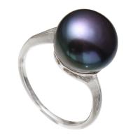 Freshwater Pearl fingerring, Messing, med Ferskvandsperle, platin farve forgyldt, for kvinde, sort, nikkel, bly & cadmium fri, 11-12mm, Størrelse:5.5-8, Solgt af PC