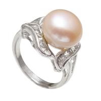 Freshwater Pearl fingerring, Messing, med Ferskvandsperle, Flower, platin farve forgyldt, for kvinde & med rhinestone, lyserød, nikkel, bly & cadmium fri, 11-12mm, Størrelse:6.5-8, Solgt af PC