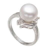 Freshwater Pearl fingerring, Messing, med Cubic Zirconia & Ferskvandsperle, platin farve forgyldt, for kvinde, hvid, nikkel, bly & cadmium fri, 8-9mm, Størrelse:8-9, Solgt af PC