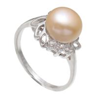 Freshwater Pearl fingerring, Messing, med Cubic Zirconia & Ferskvandsperle, Flower, platin farve forgyldt, for kvinde, lyserød, nikkel, bly & cadmium fri, 9-10mm, Størrelse:8, Solgt af PC