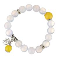 agate blanche bracelet, avec entretoise laiton strass & agate jaune & laiton, éléphant, Placage de couleur argentée, bracelet à breloques & pour femme, 12x11mm, 12mm, Vendu par Environ 7.5 pouce brin