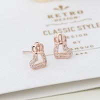 Zircon cubique Micro Pave d'oreille en argent sterling, argent sterling 925, coeur, Plaqué d'or rose, pavé de micro zircon & pour femme, 6.90x9.80mm, Vendu par paire