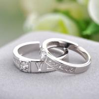 Anillos para Parejas, plata de ley 925, palabra amor, chapado en platina real, abrir & ajustable & micro arcilla de zirconia cúbica, tamaño:6-10, Vendido por Par